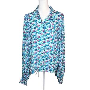 NEW Zara Blue Floral Button Down Top Ruffle Detail Balloon Sleeve Size M…